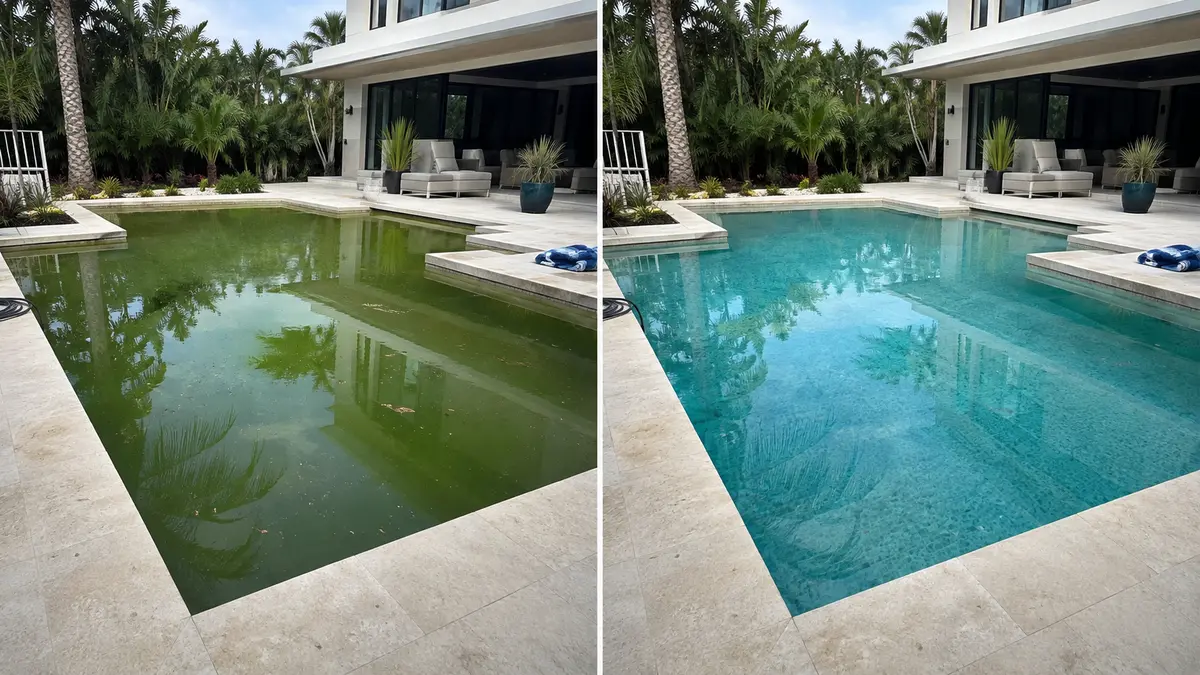 A modern pool shown before and after going from a green, algae-filled state to clear water