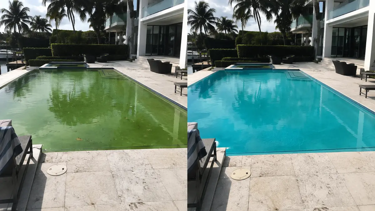 A pool and spa shown before and after going from cloudy to clear, balanced water