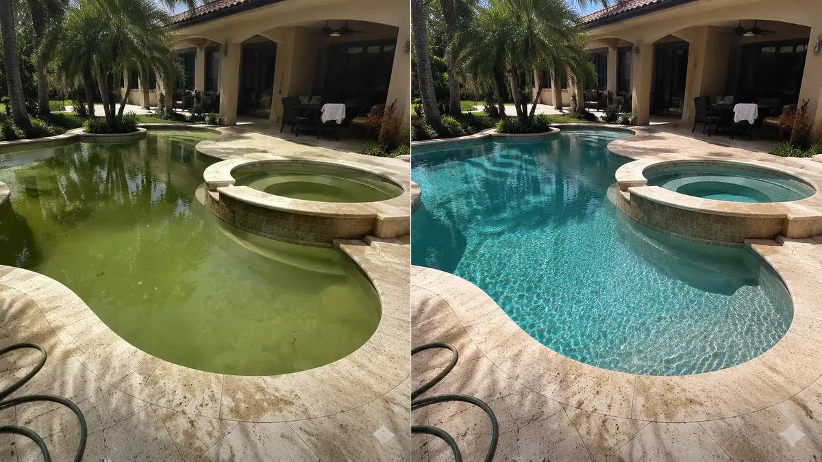 A kidney-shaped pool shown before and after going from cloudy, discolored water to clear