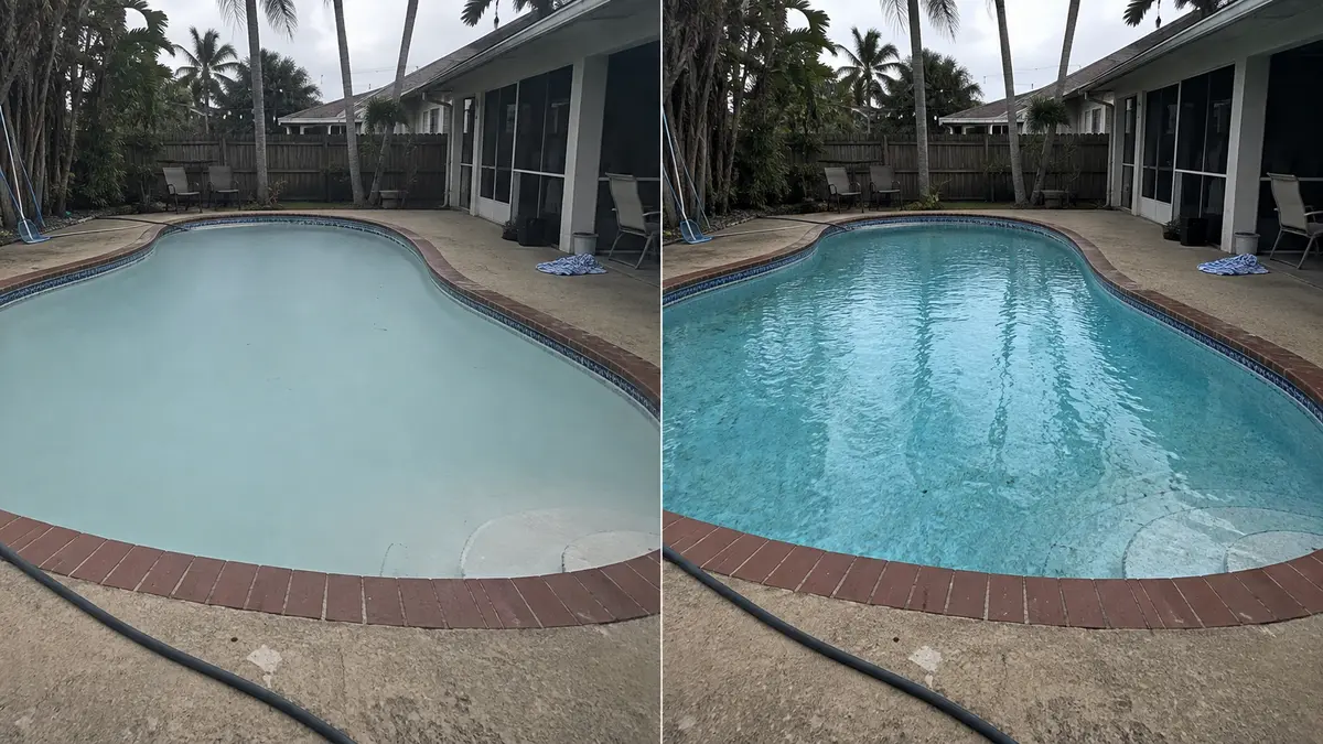 A screened-porch pool shown before and after going from neglected to clear blue water