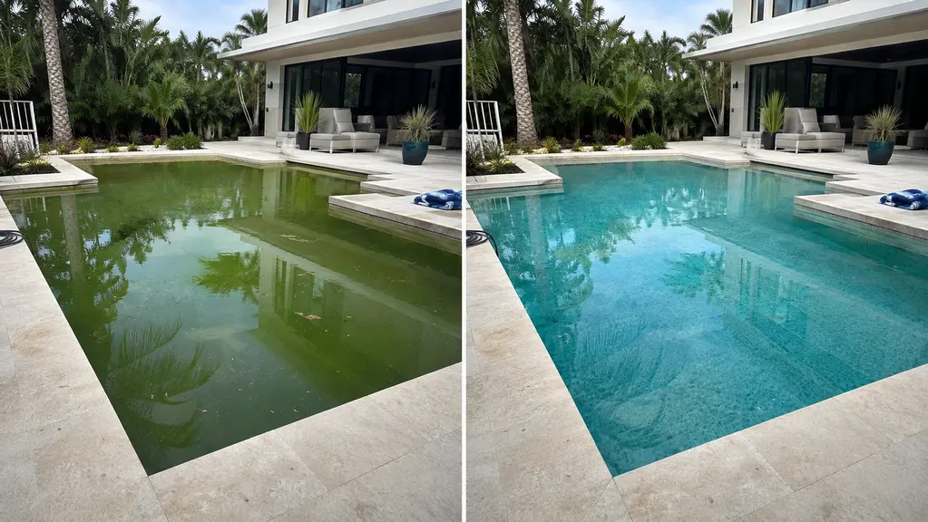 A modern pool shown before and after going from green, algae-filled water to clear