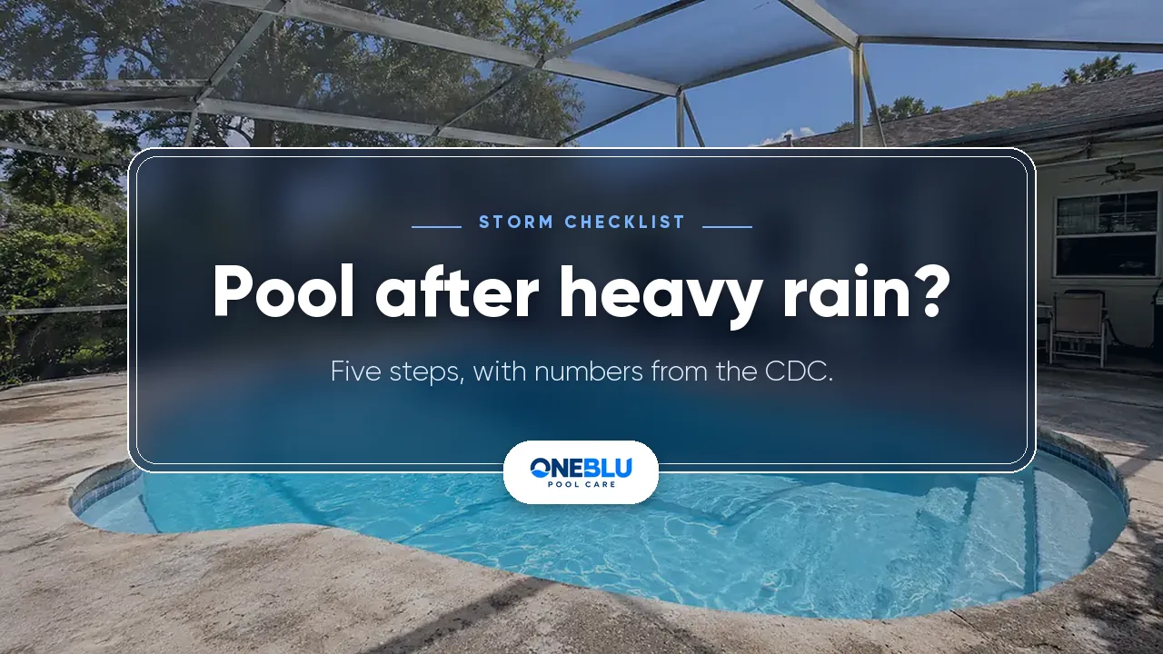 A residential Florida pool under a screen enclosure with a frosted card reading Pool after heavy rain? Five steps, with numbers from the CDC.