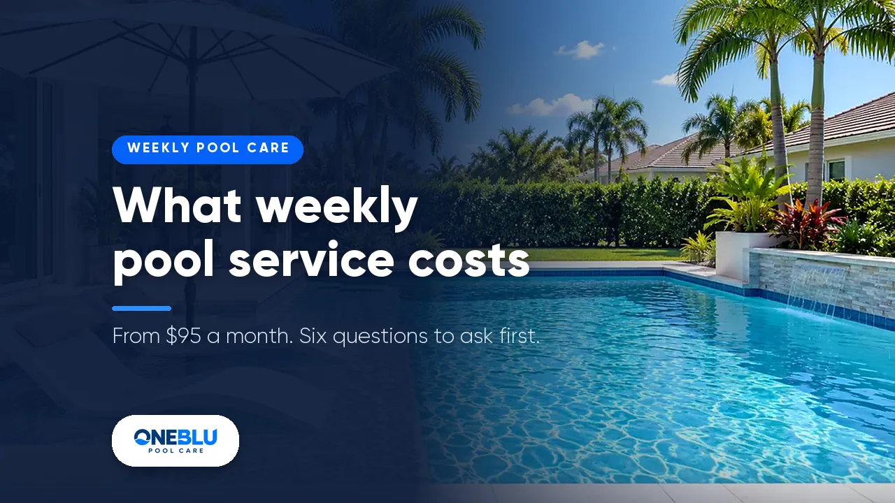 Backyard pool with palm trees and a stone waterfall feature, with the text What weekly pool service costs. From $95 a month. Six questions to ask first.