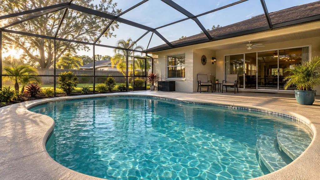 A clean screened-lanai pool at sunset