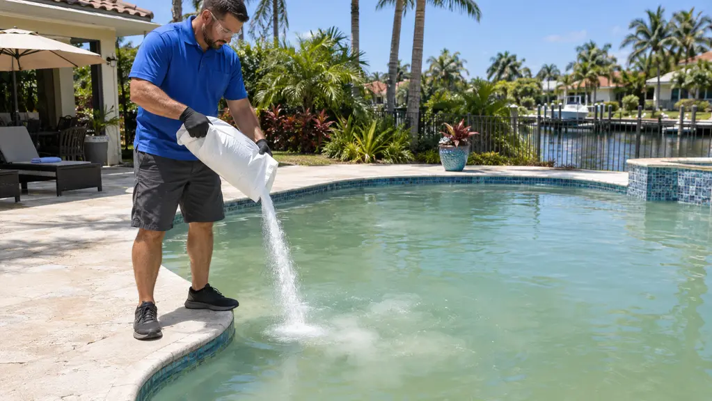 A OneBlu technician adding shock treatment to a pool