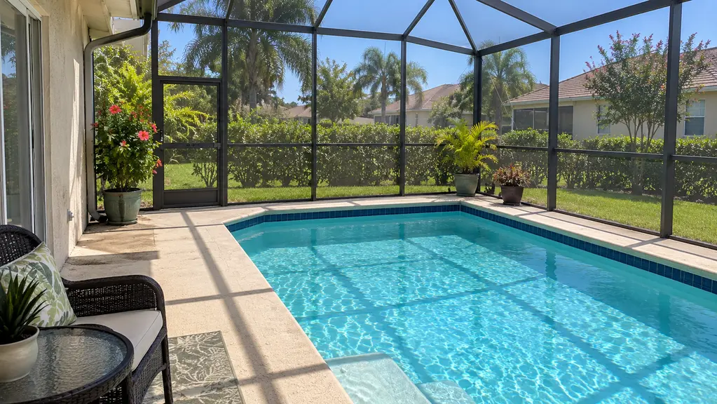 A clean screened-lanai pool