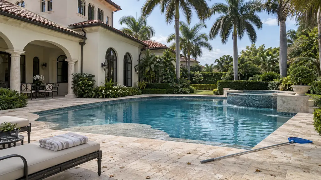 A backyard swimming pool at a home in Boca Raton, FL