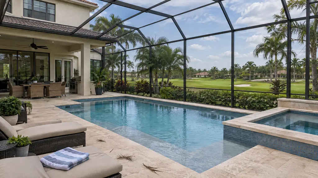 A backyard swimming pool at a home in Coral Springs, FL