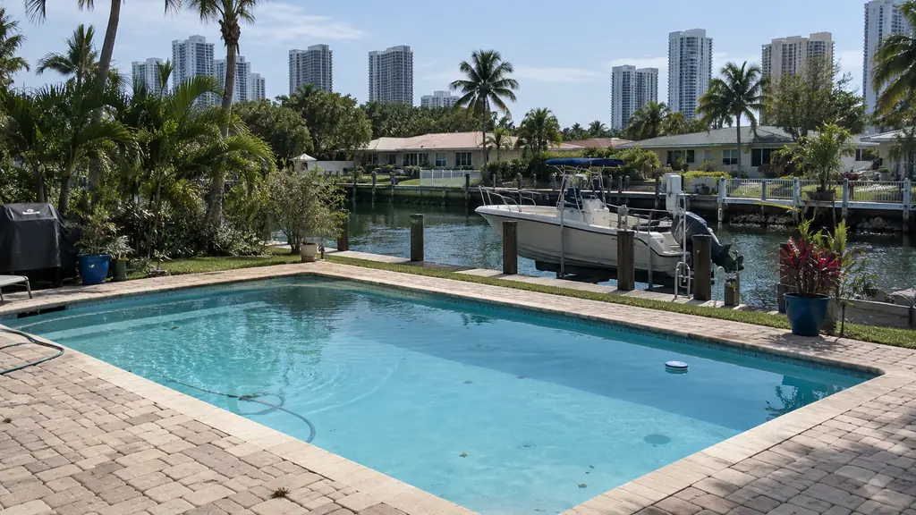 A backyard swimming pool at a home in Hallandale Beach, FL