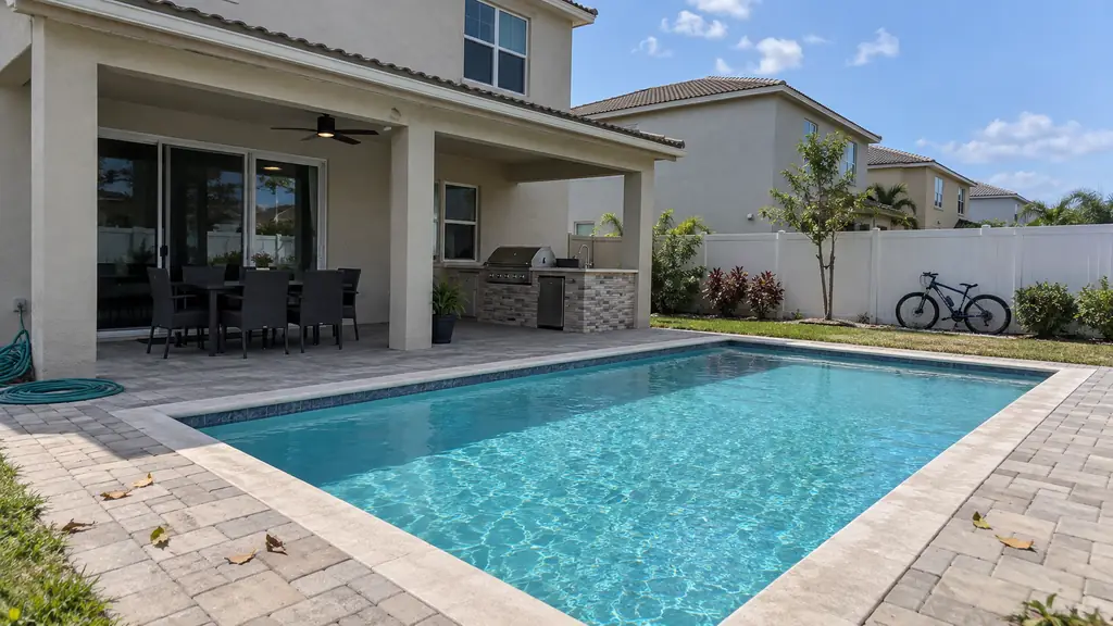 A backyard swimming pool at a home in Miramar, FL