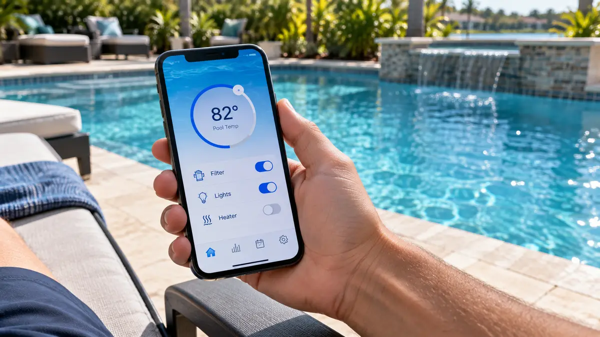 A homeowner controlling their pool's temperature and equipment from a smartphone app
