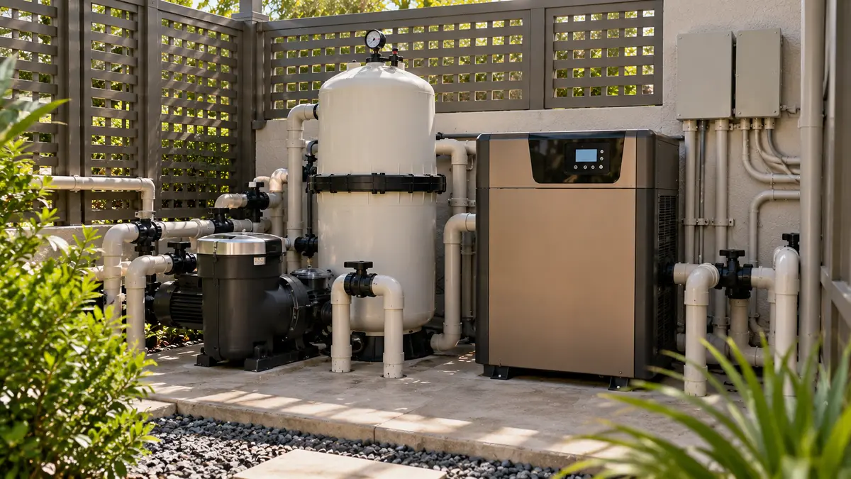 A residential pool equipment pad with pump, filter, and heater